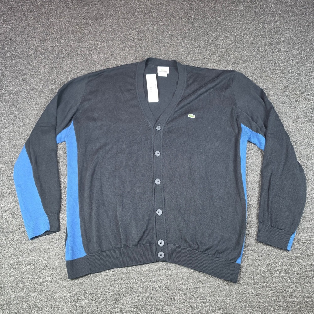 Lacoste Cardigan Sweater Black Blue Mens XL Cotton Colorblock Striped Preppy NEW
